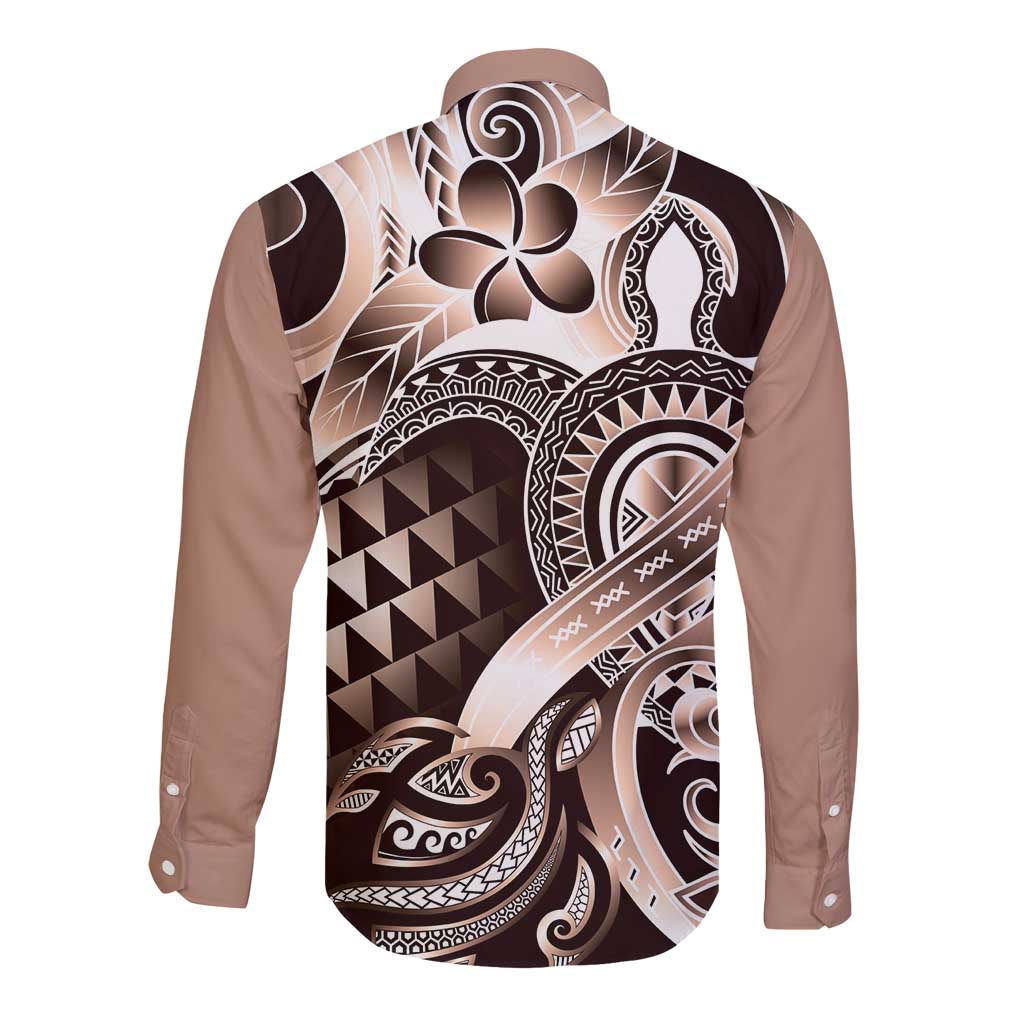 Aloha Mocha Mousse Tribal Honu Tattoo Long Sleeve Button Shirt LT9 - Polynesian Pride