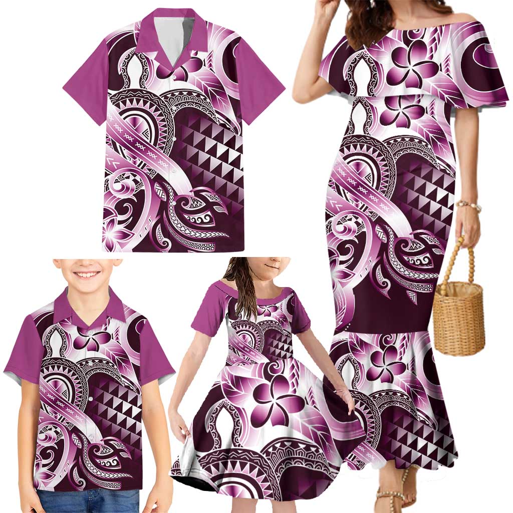 Aloha Pink Tribal Honu Tattoo Family Matching Mermaid Dress and Hawaiian Shirt