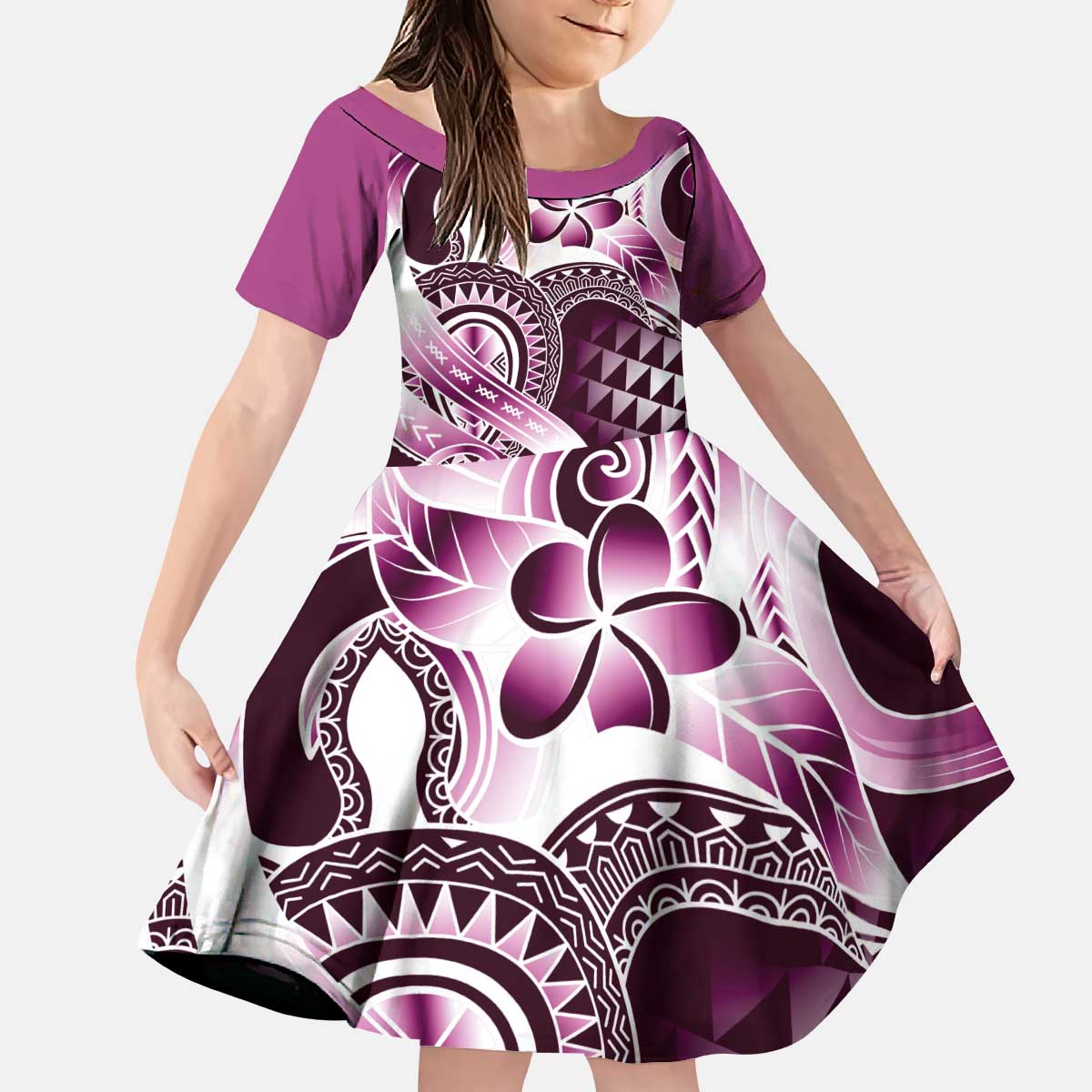 Aloha Pink Tribal Honu Tattoo Kid Short Sleeve Dress LT9 KID Pink - Polynesian Pride