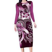 Aloha Pink Tribal Honu Tattoo Long Sleeve Bodycon Dress LT9 Long Dress Pink - Polynesian Pride