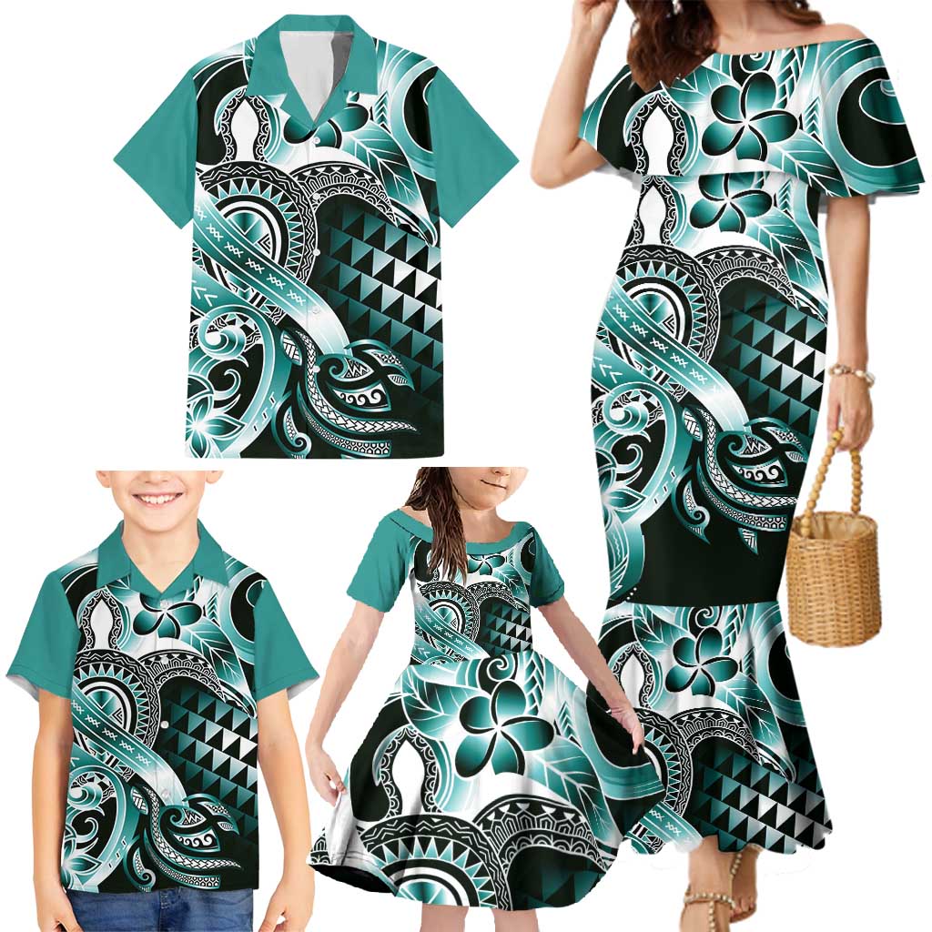 Aloha Turquoise Tribal Honu Tattoo Family Matching Mermaid Dress and Hawaiian Shirt