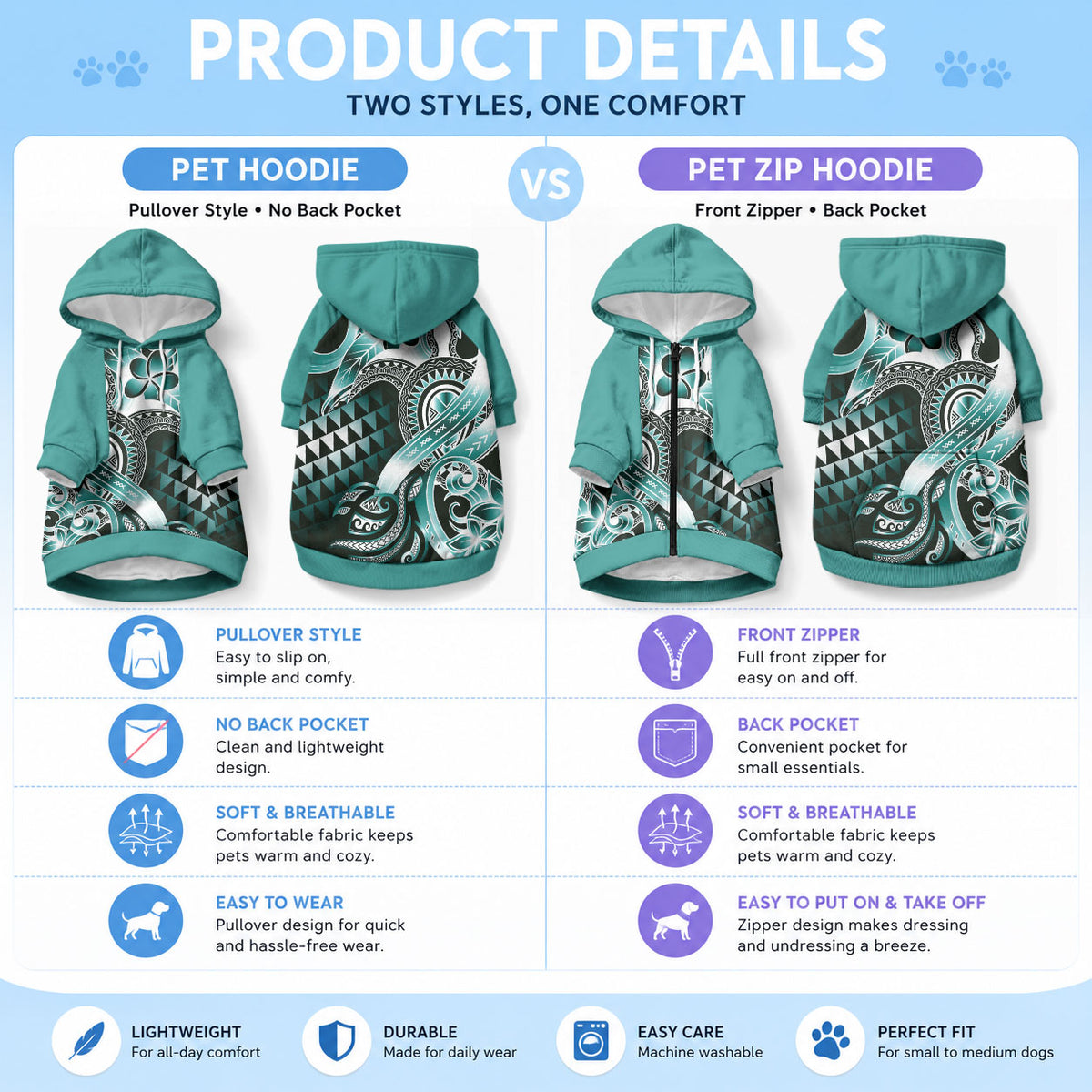 Aloha Turquoise Tribal Honu Tattoo Pet Hoodie LT9 - Polynesian Pride