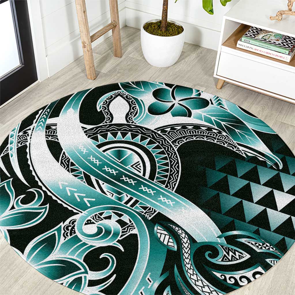 Aloha Turquoise Tribal Honu Tattoo Round Carpet LT9 Turquoise - Polynesian Pride