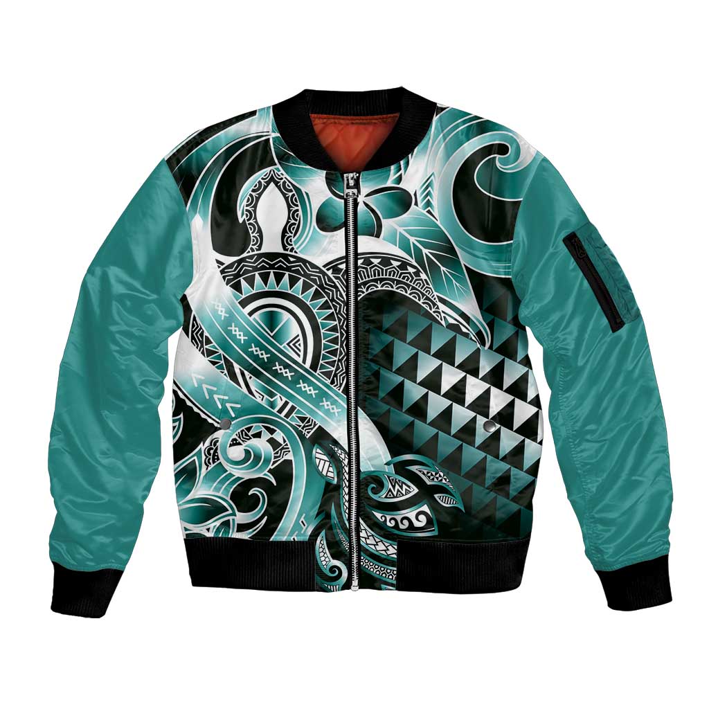 Aloha Turquoise Tribal Honu Tattoo Sleeve Zip Bomber Jacket LT9 Unisex Turquoise - Polynesian Pride