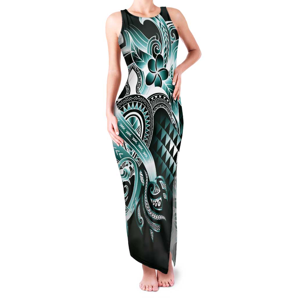 Aloha Turquoise Tribal Honu Tattoo Tank Maxi Dress LT9 Women Turquoise - Polynesian Pride