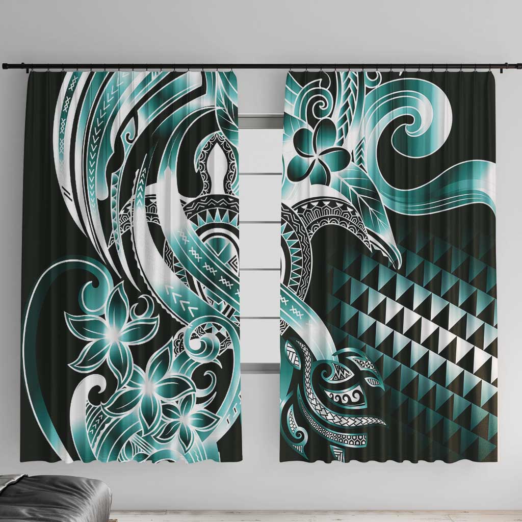 Aloha Turquoise Tribal Honu Tattoo Window Curtain LT9 With Hooks Turquoise - Polynesian Pride