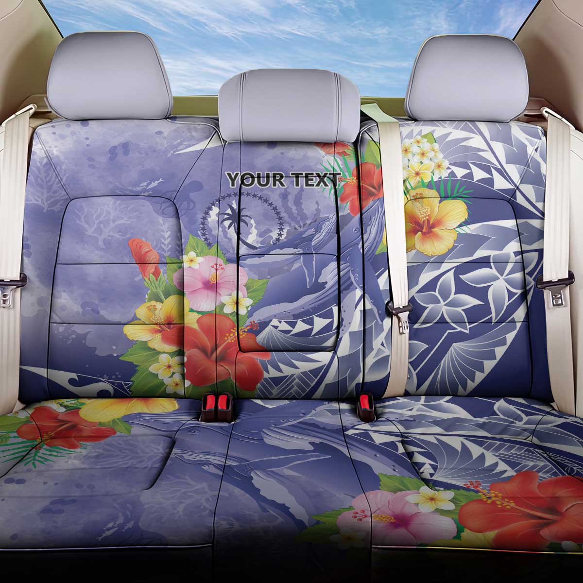 Personalised Chuuk States Humpback Whale Back Car Seat Cover Polynesian Tropical Flowers LT9 One Size Blue - Polynesian Pride