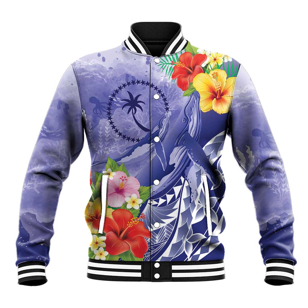 Personalised Chuuk States Humpback Whale Baseball Jacket Polynesian Tropical Flowers LT9 Unisex Blue - Polynesian Pride