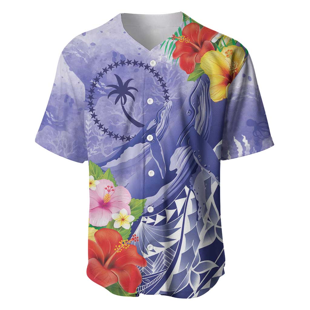 Personalised Chuuk States Humpback Whale Baseball Jersey Polynesian Tropical Flowers LT9 Blue - Polynesian Pride
