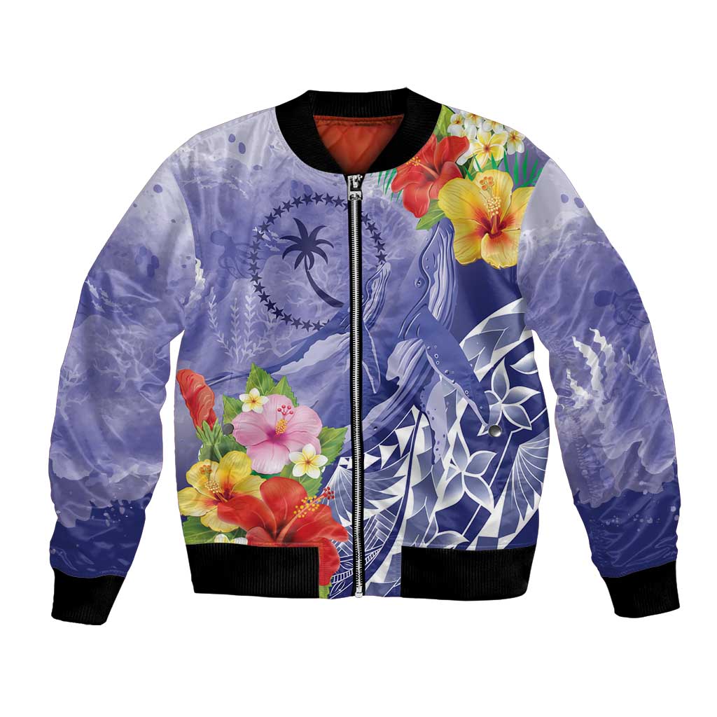Personalised Chuuk States Humpback Whale Bomber Jacket Polynesian Tropical Flowers LT9 Unisex Blue - Polynesian Pride