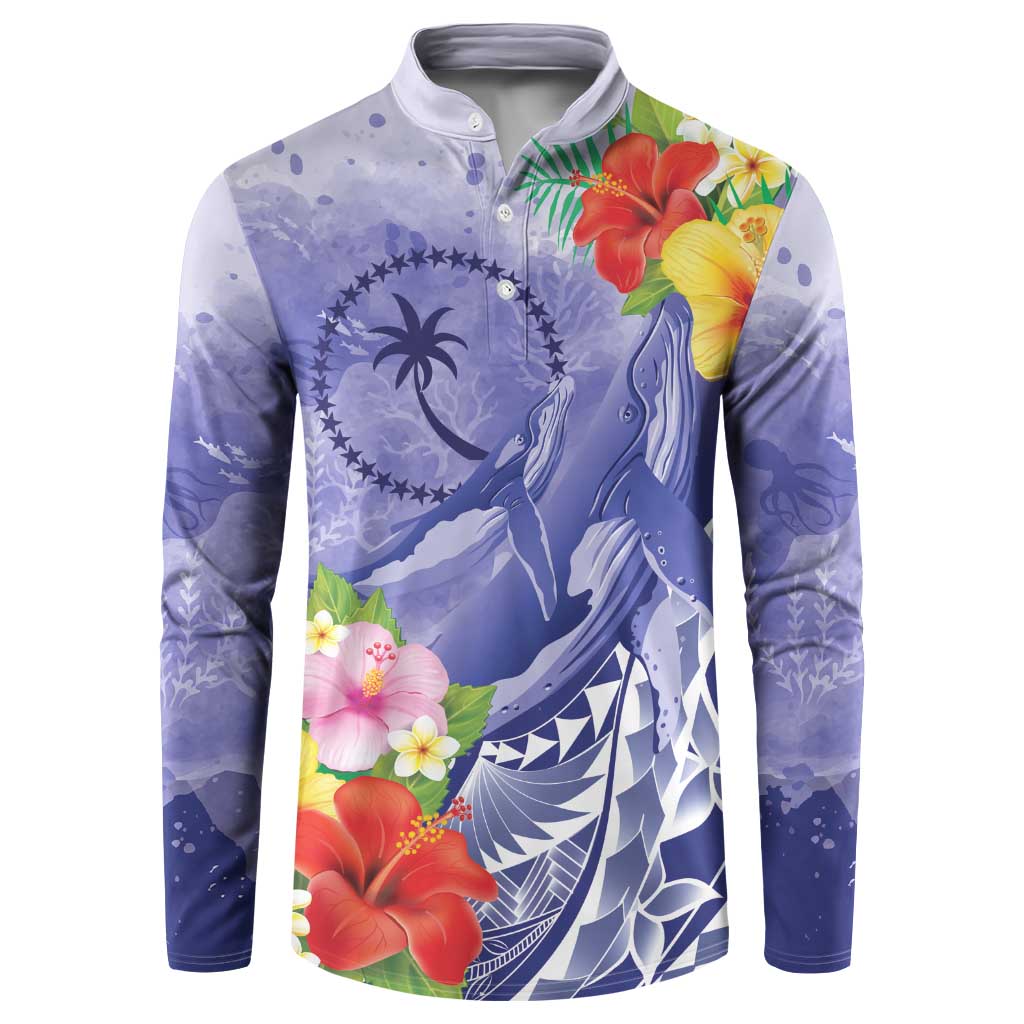 Personalised Chuuk States Humpback Whale Button Sweatshirt Polynesian Tropical Flowers LT9 Blue - Polynesian Pride