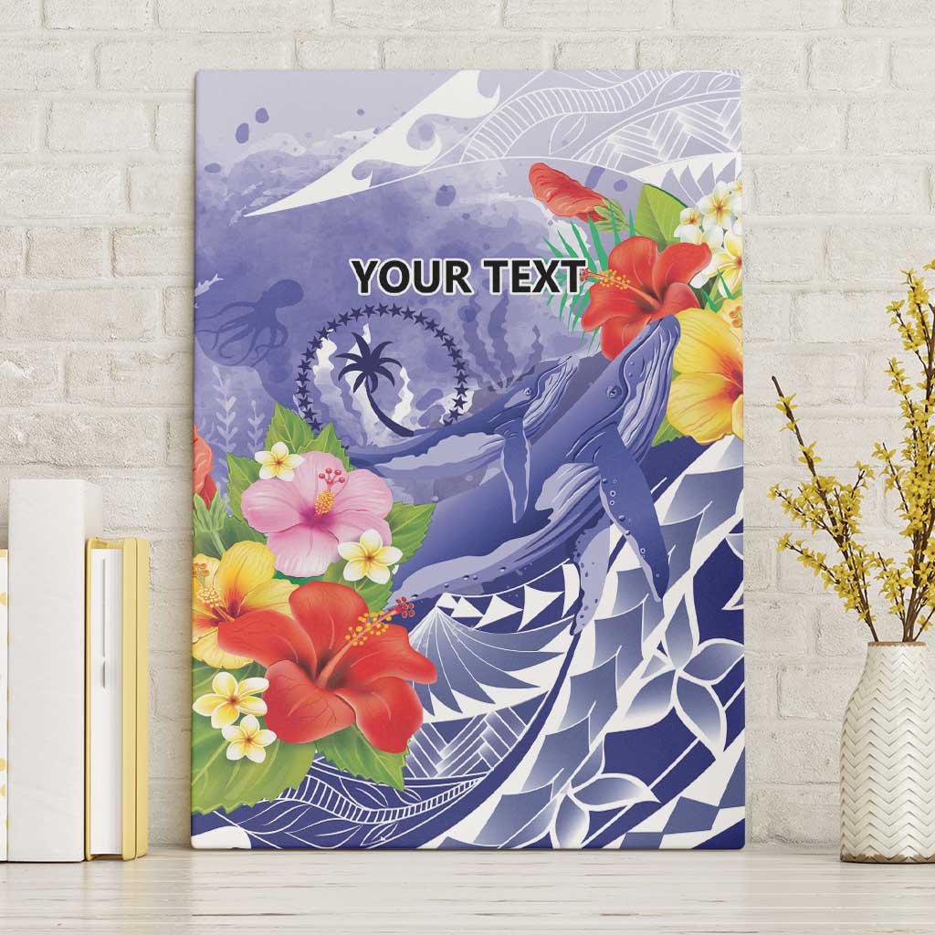 Personalised Chuuk States Humpback Whale Canvas Wall Art Polynesian Tropical Flowers LT9 Without Frame Blue - Polynesian Pride