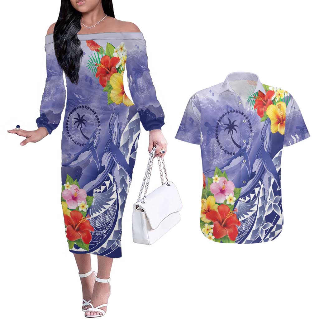 Personalised Chuuk States Humpback Whale Couples Matching Off The Shoulder Long Sleeve Dress and Hawaiian Shirt Polynesian Tropical Flowers