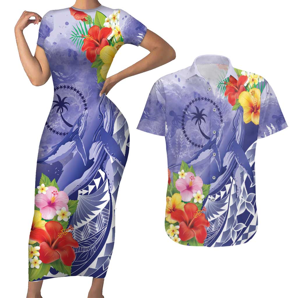 Personalised Chuuk States Humpback Whale Couples Matching Short Sleeve Bodycon Dress and Hawaiian Shirt Polynesian Tropical Flowers