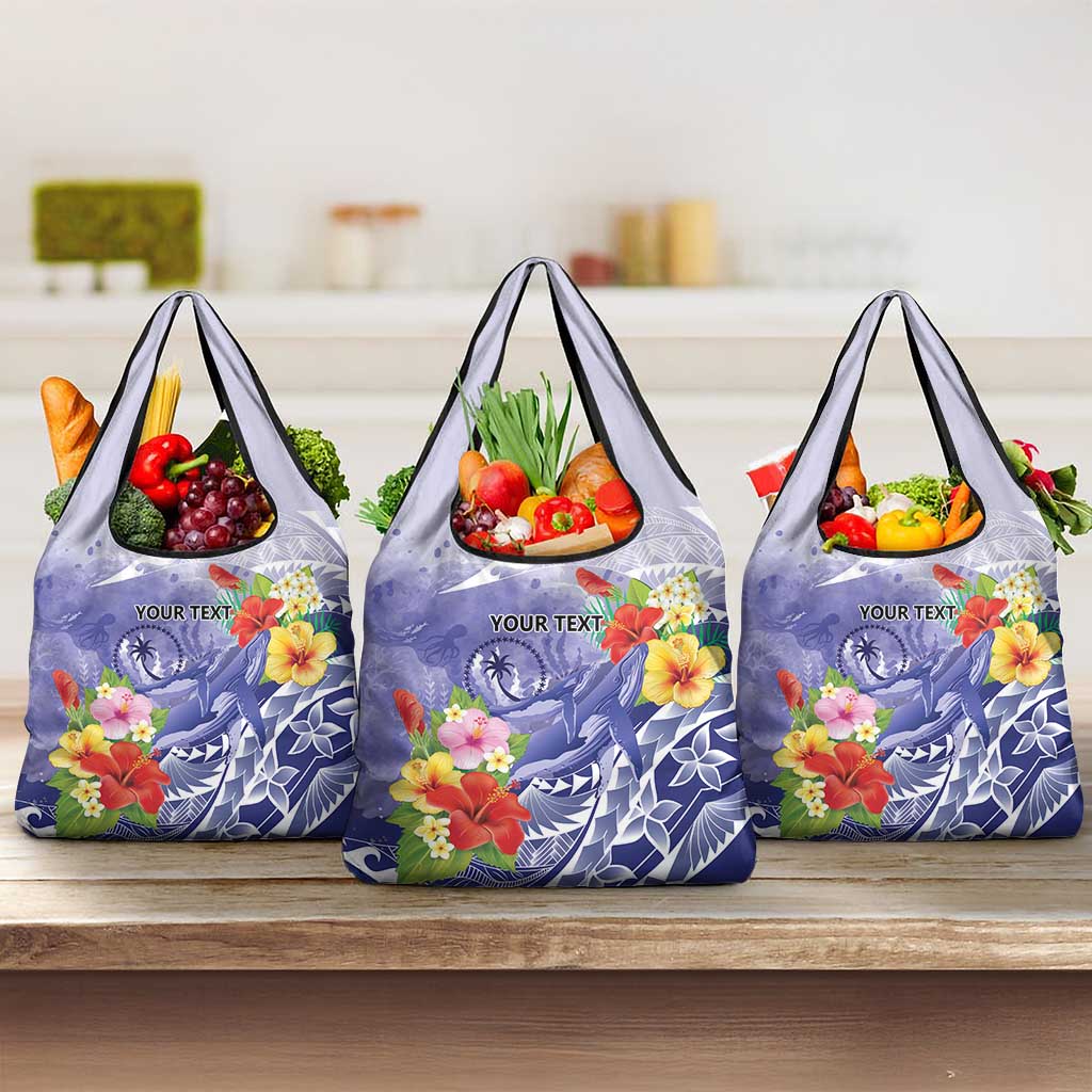 Personalised Chuuk States Humpback Whale Grocery Bag Polynesian Tropical Flowers LT9 3-pack One Size Blue - Polynesian Pride