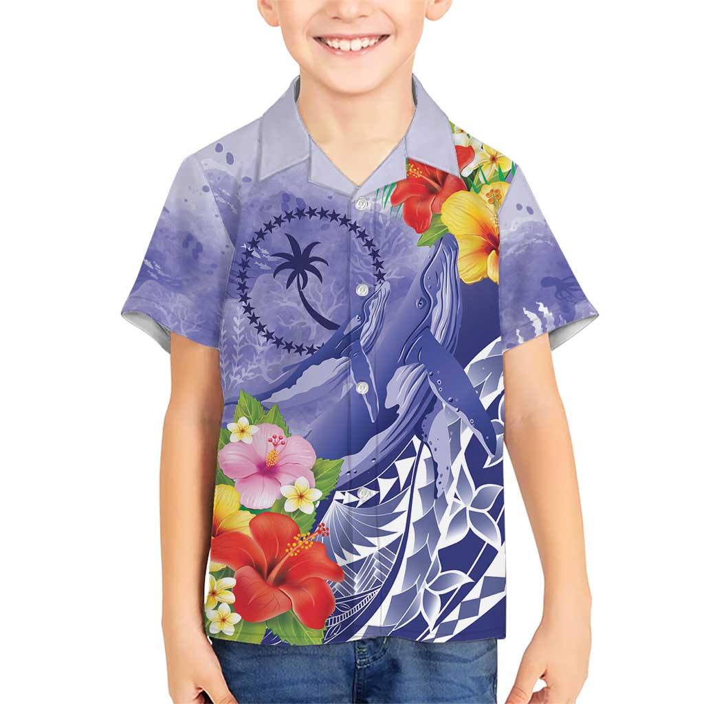 Personalised Chuuk States Humpback Whale Kid Hawaiian Shirt Polynesian Tropical Flowers LT9 Kid Blue - Polynesian Pride