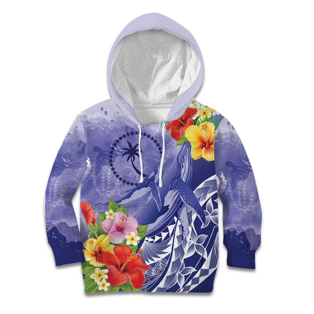 Personalised Chuuk States Humpback Whale Kid Hoodie Polynesian Tropical Flowers LT9 Hoodie Blue - Polynesian Pride
