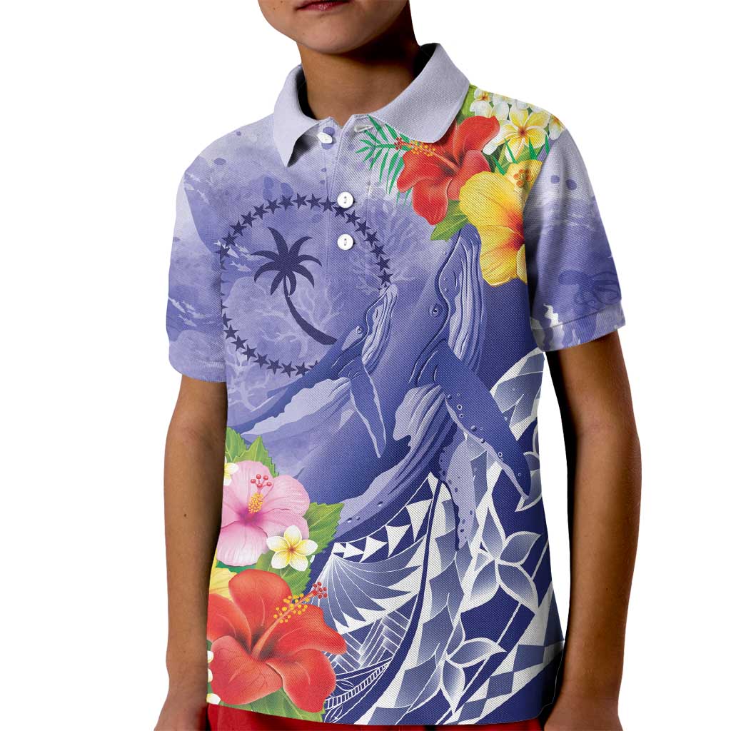 Personalised Chuuk States Humpback Whale Kid Polo Shirt Polynesian Tropical Flowers LT9 Kid Blue - Polynesian Pride