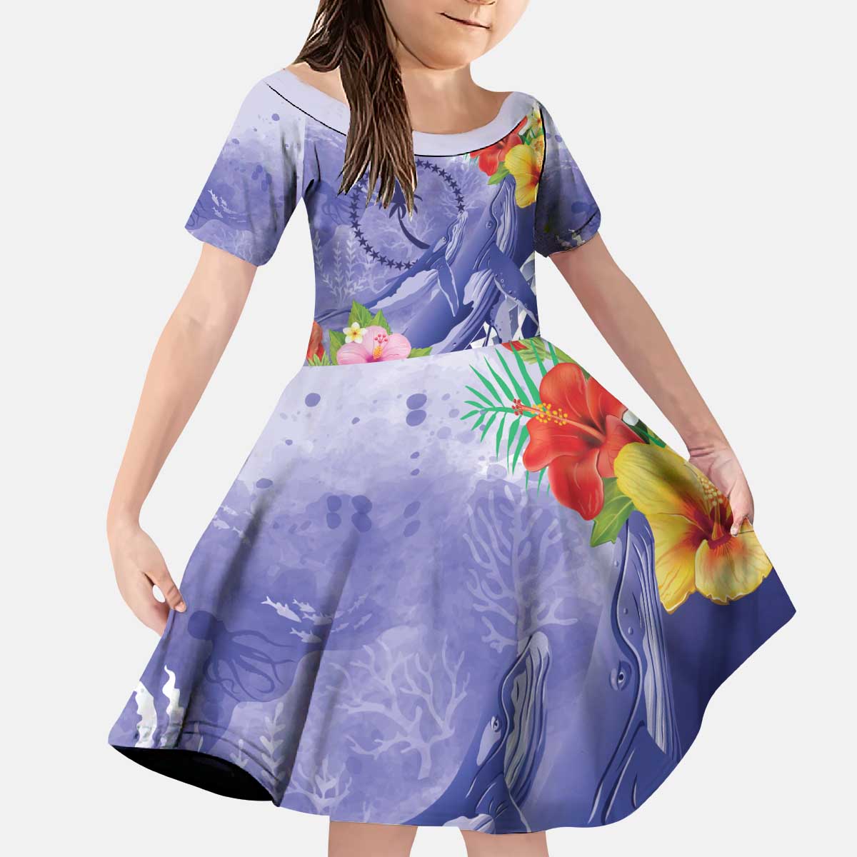 Personalised Chuuk States Humpback Whale Kid Short Sleeve Dress Polynesian Tropical Flowers LT9 KID Blue - Polynesian Pride