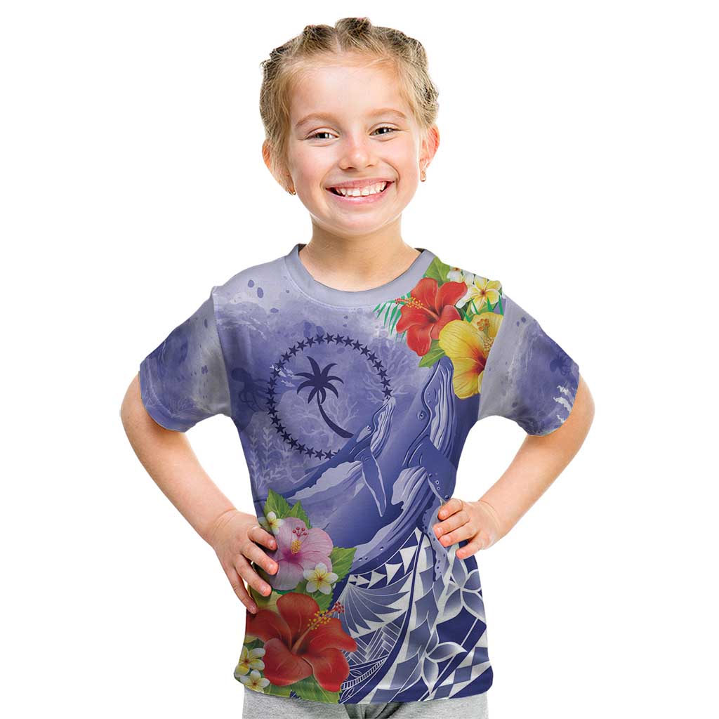 Personalised Chuuk States Humpback Whale Kid T Shirt Polynesian Tropical Flowers LT9 Blue - Polynesian Pride