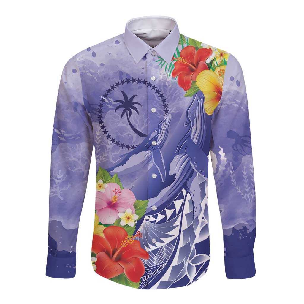 Personalised Chuuk States Humpback Whale Long Sleeve Button Shirt Polynesian Tropical Flowers LT9 Unisex Blue - Polynesian Pride