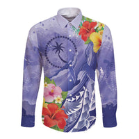 Personalised Chuuk States Humpback Whale Long Sleeve Button Shirt Polynesian Tropical Flowers LT9 Unisex Blue - Polynesian Pride