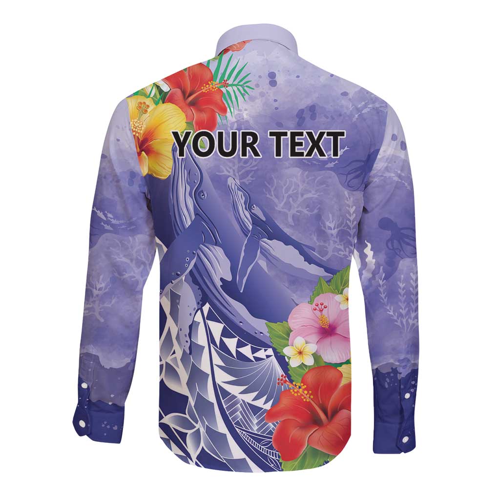 Personalised Chuuk States Humpback Whale Long Sleeve Button Shirt Polynesian Tropical Flowers LT9 - Polynesian Pride