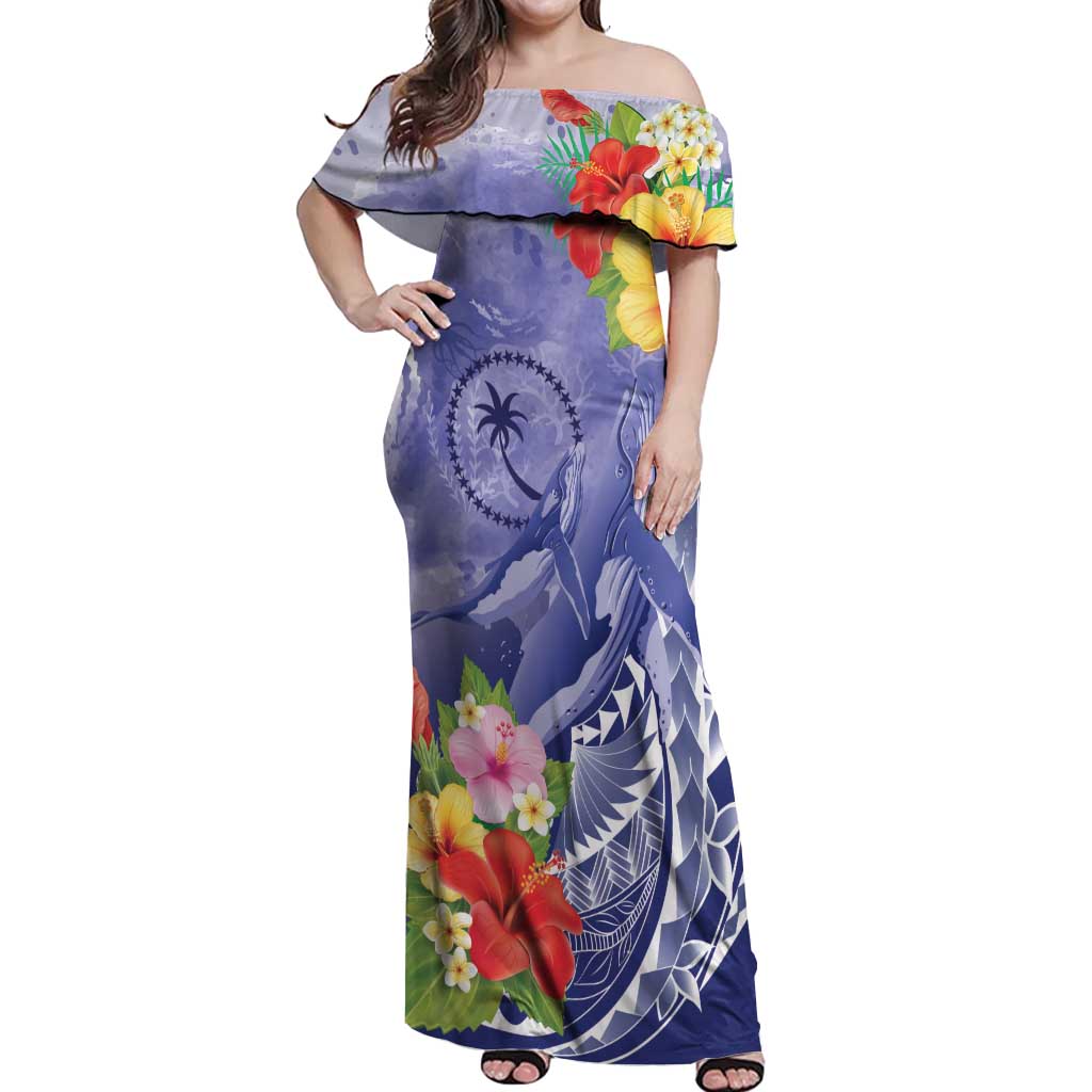 Personalised Chuuk States Humpback Whale Off Shoulder Maxi Dress Polynesian Tropical Flowers LT9 Women Blue - Polynesian Pride