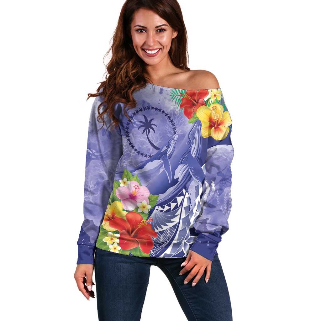 Personalised Chuuk States Humpback Whale Off Shoulder Sweater Polynesian Tropical Flowers LT9 Women Blue - Polynesian Pride