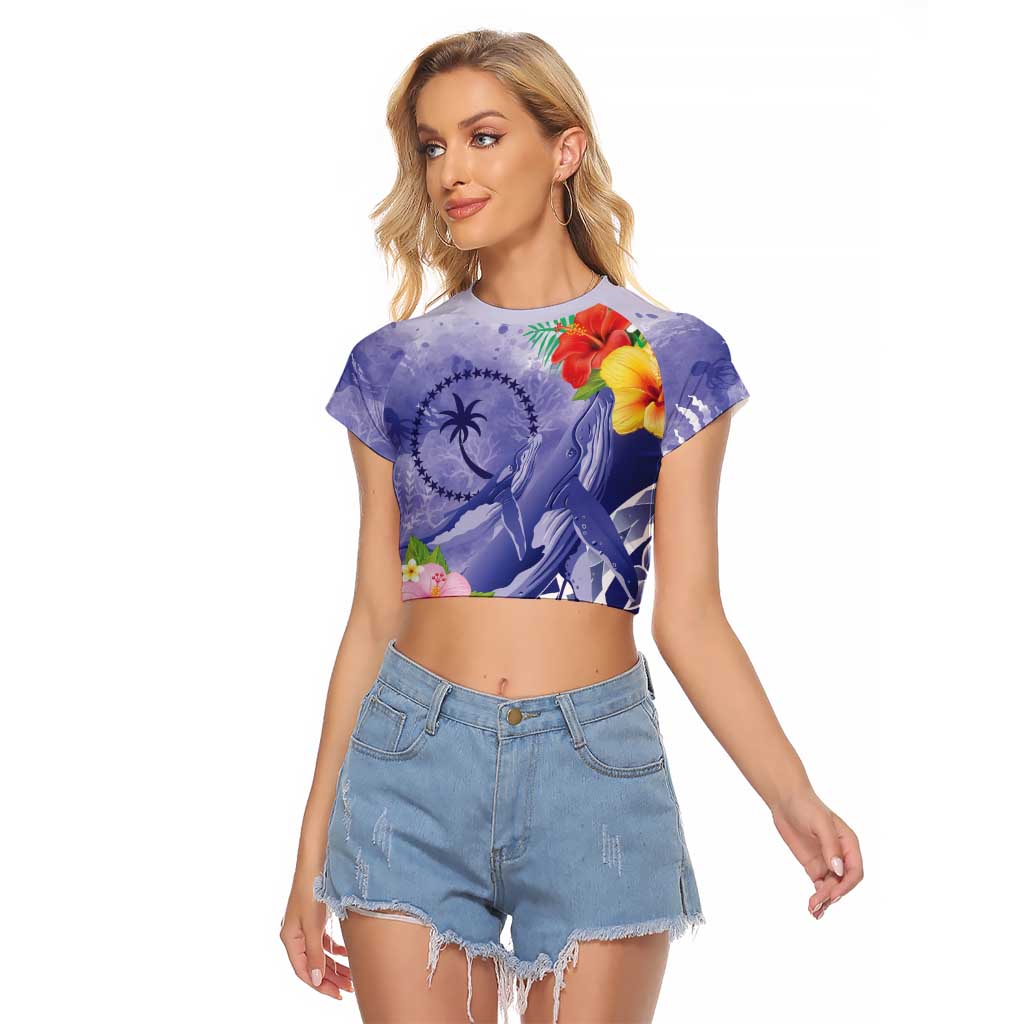 Personalised Chuuk States Humpback Whale Raglan Cropped T Shirt Polynesian Tropical Flowers LT9 Female Blue - Polynesian Pride