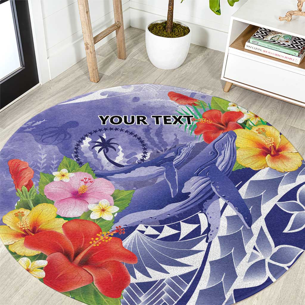 Personalised Chuuk States Humpback Whale Round Carpet Polynesian Tropical Flowers LT9 Blue - Polynesian Pride