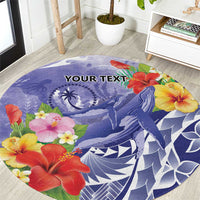 Personalised Chuuk States Humpback Whale Round Carpet Polynesian Tropical Flowers LT9 Blue - Polynesian Pride