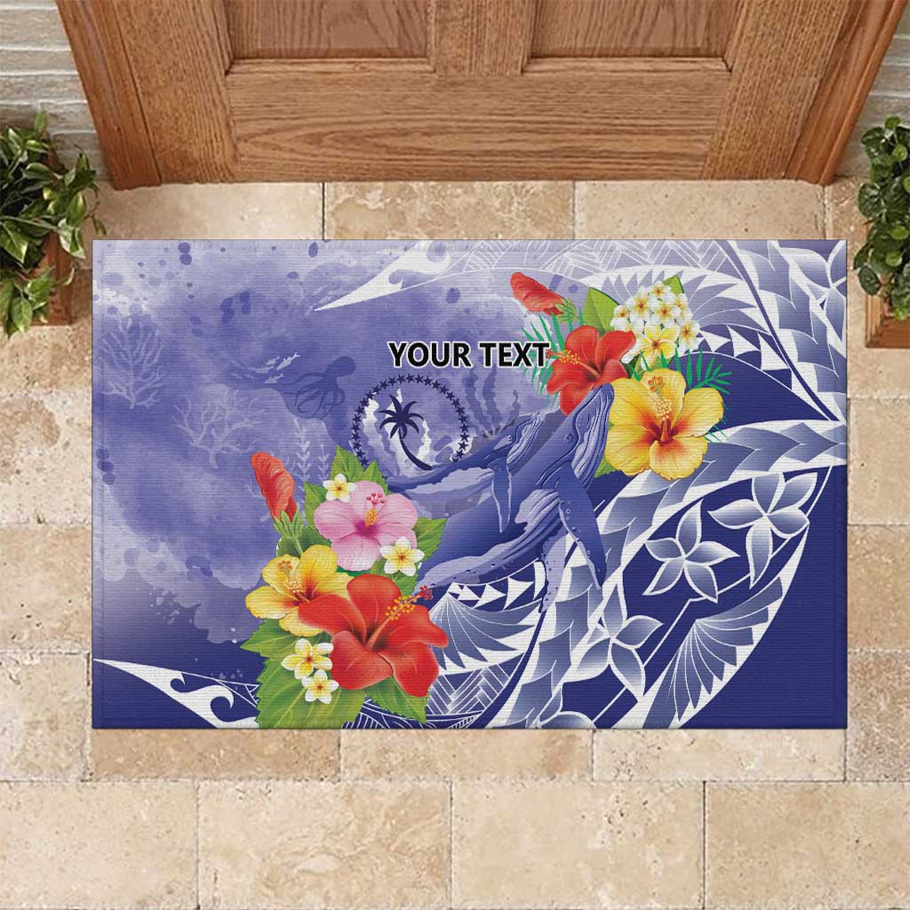 Personalised Chuuk States Humpback Whale Rubber Doormat Polynesian Tropical Flowers LT9 Blue - Polynesian Pride