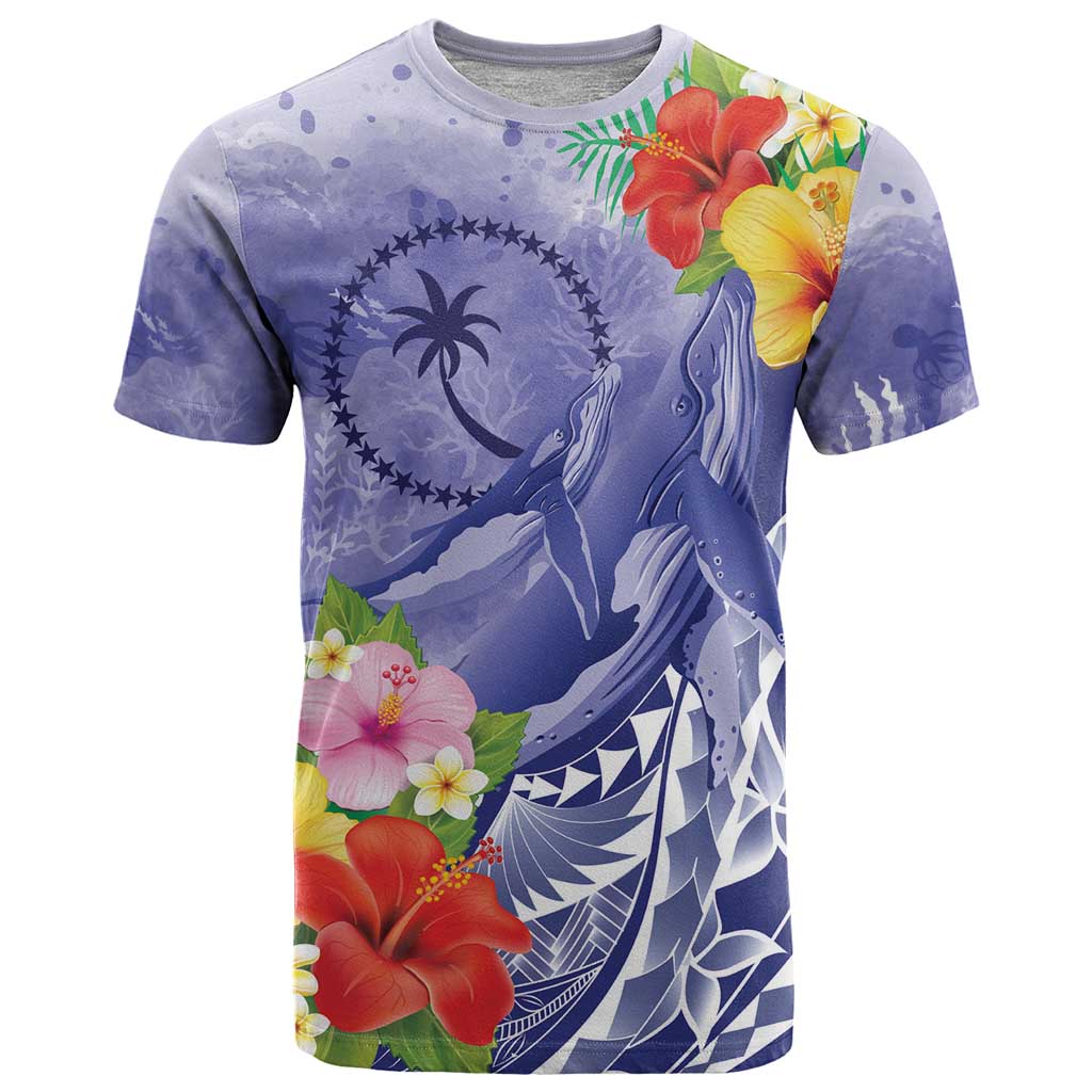 Personalised Chuuk States Humpback Whale T Shirt Polynesian Tropical Flowers LT9 Blue - Polynesian Pride