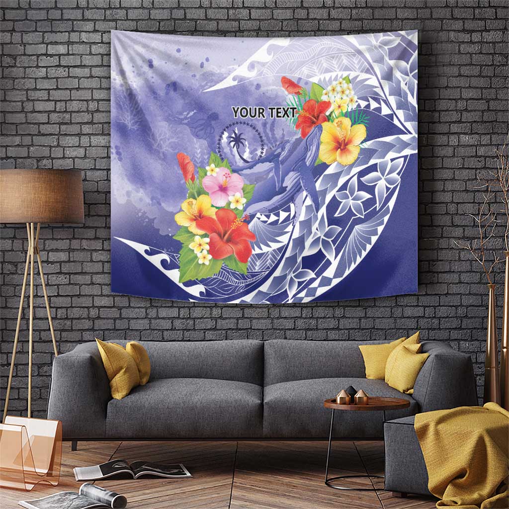 Personalised Chuuk States Humpback Whale Tapestry Polynesian Tropical Flowers LT9 Blue - Polynesian Pride