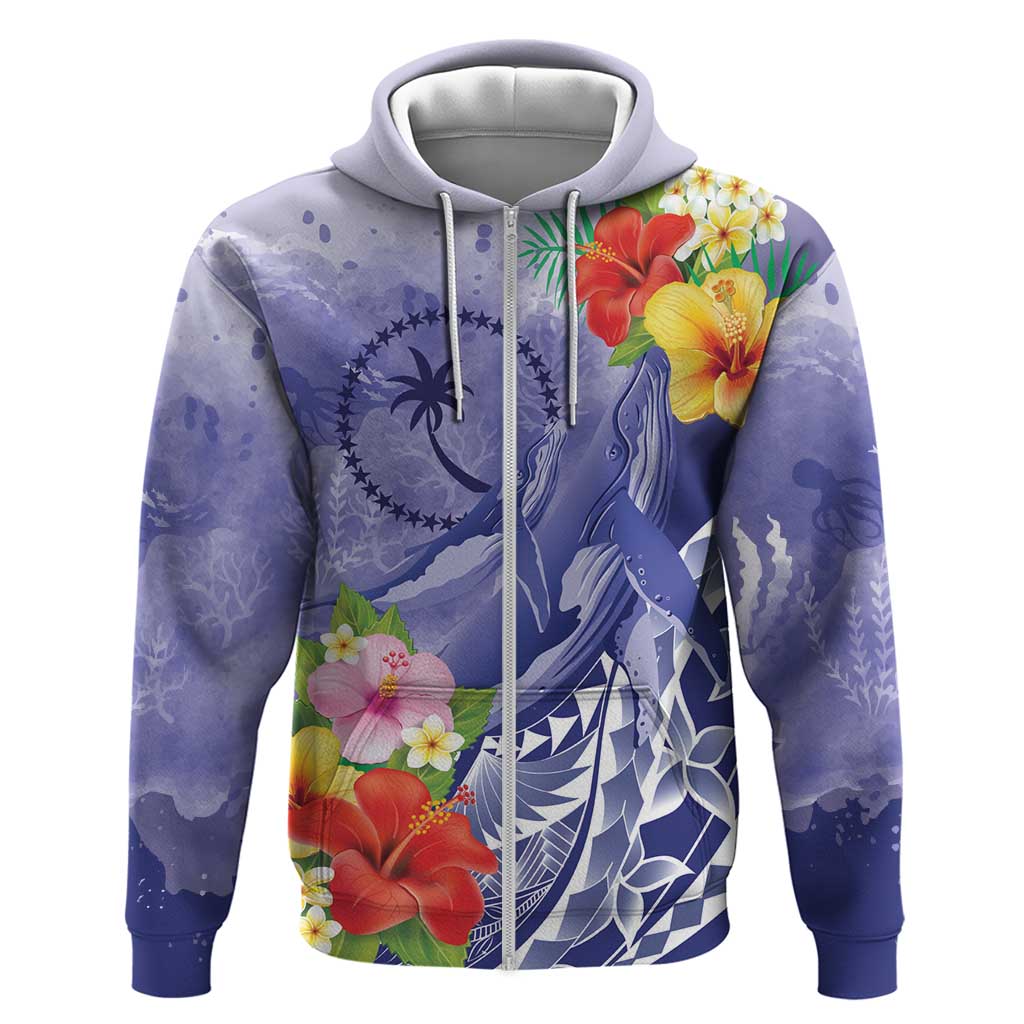 Personalised Chuuk States Humpback Whale Zip Hoodie Polynesian Tropical Flowers LT9 Zip Hoodie Blue - Polynesian Pride