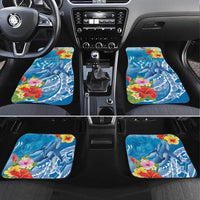 Personalised Kosrae States Humpback Whale Car Mats Polynesian Tropical Flowers LT9 Set 4pcs Blue - Polynesian Pride
