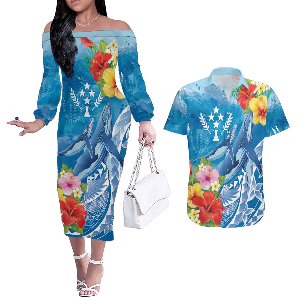 Personalised Kosrae States Humpback Whale Couples Matching Off The Shoulder Long Sleeve Dress and Hawaiian Shirt Polynesian Tropical Flowers