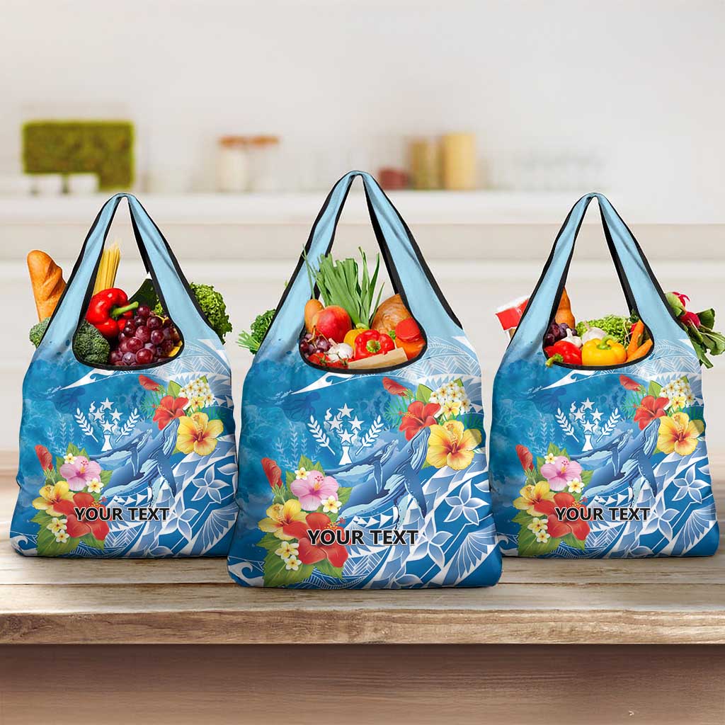 Personalised Kosrae States Humpback Whale Grocery Bag Polynesian Tropical Flowers LT9 3-pack One Size Blue - Polynesian Pride