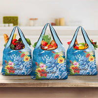 Personalised Kosrae States Humpback Whale Grocery Bag Polynesian Tropical Flowers LT9 3-pack One Size Blue - Polynesian Pride