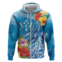 Personalised Kosrae States Humpback Whale Hoodie Polynesian Tropical Flowers LT9 Zip Hoodie Blue - Polynesian Pride