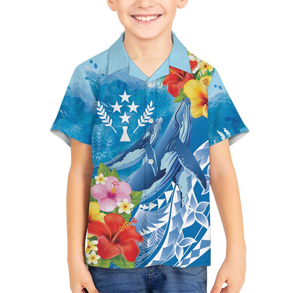 Personalised Kosrae States Humpback Whale Kid Hawaiian Shirt Polynesian Tropical Flowers LT9 Kid Blue - Polynesian Pride