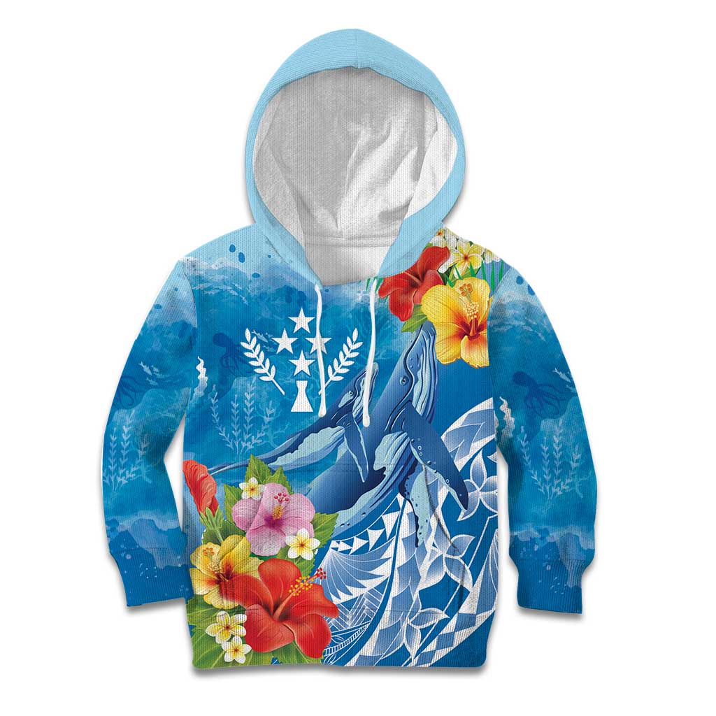 Personalised Kosrae States Humpback Whale Kid Hoodie Polynesian Tropical Flowers LT9 Hoodie Blue - Polynesian Pride