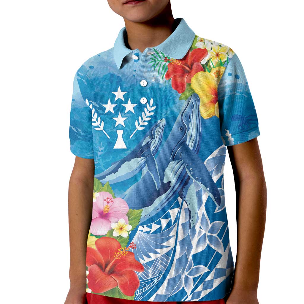 Personalised Kosrae States Humpback Whale Kid Polo Shirt Polynesian Tropical Flowers LT9 Kid Blue - Polynesian Pride