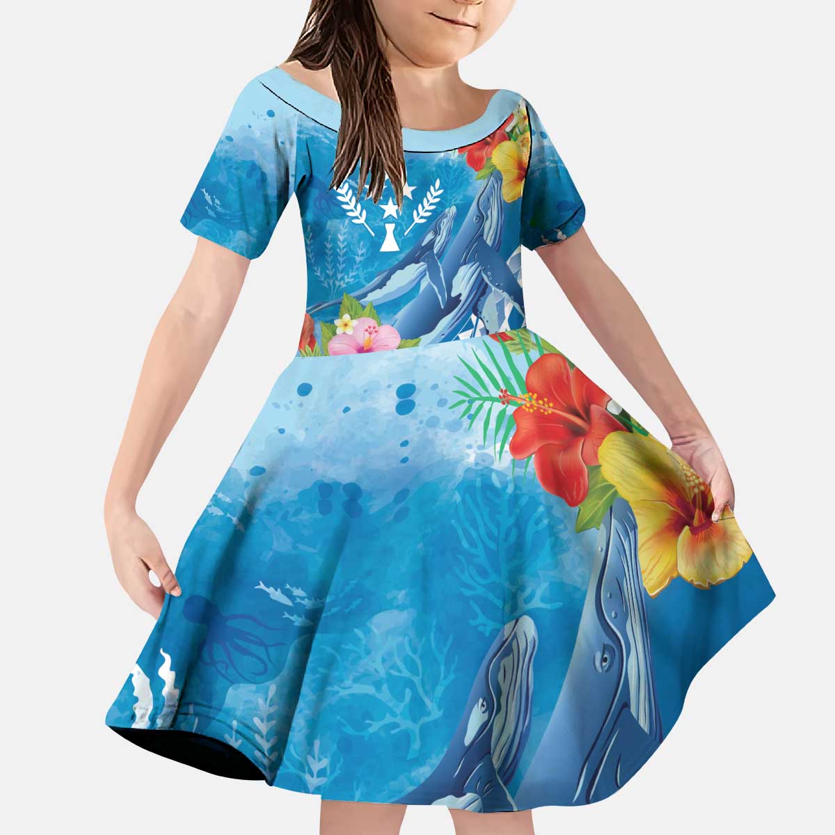 Personalised Kosrae States Humpback Whale Kid Short Sleeve Dress Polynesian Tropical Flowers LT9 KID Blue - Polynesian Pride