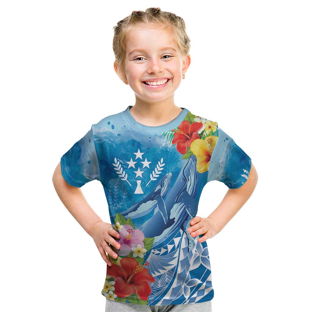 Personalised Kosrae States Humpback Whale Kid T Shirt Polynesian Tropical Flowers LT9 Blue - Polynesian Pride