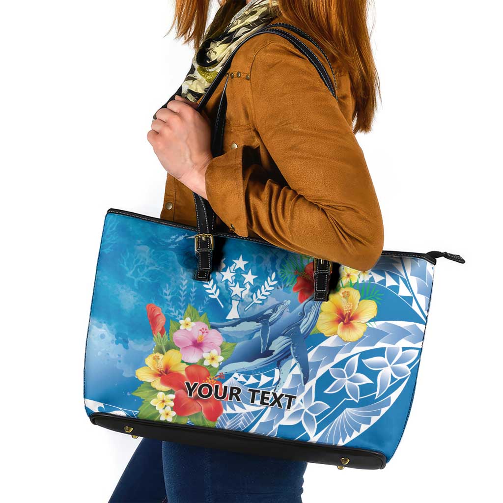 Personalised Kosrae States Humpback Whale Leather Tote Bag Polynesian Tropical Flowers LT9 Blue - Polynesian Pride