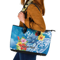 Personalised Kosrae States Humpback Whale Leather Tote Bag Polynesian Tropical Flowers LT9 Blue - Polynesian Pride