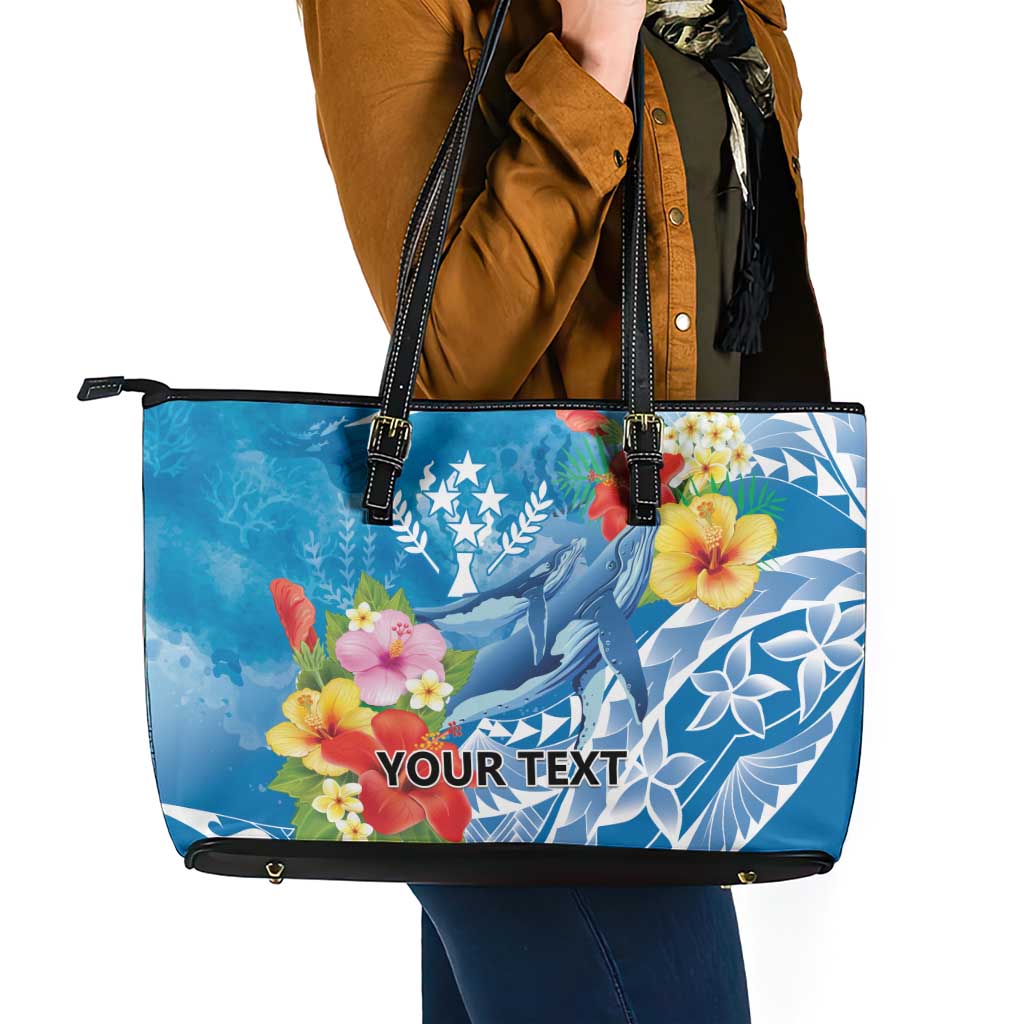 Personalised Kosrae States Humpback Whale Leather Tote Bag Polynesian Tropical Flowers LT9 - Polynesian Pride