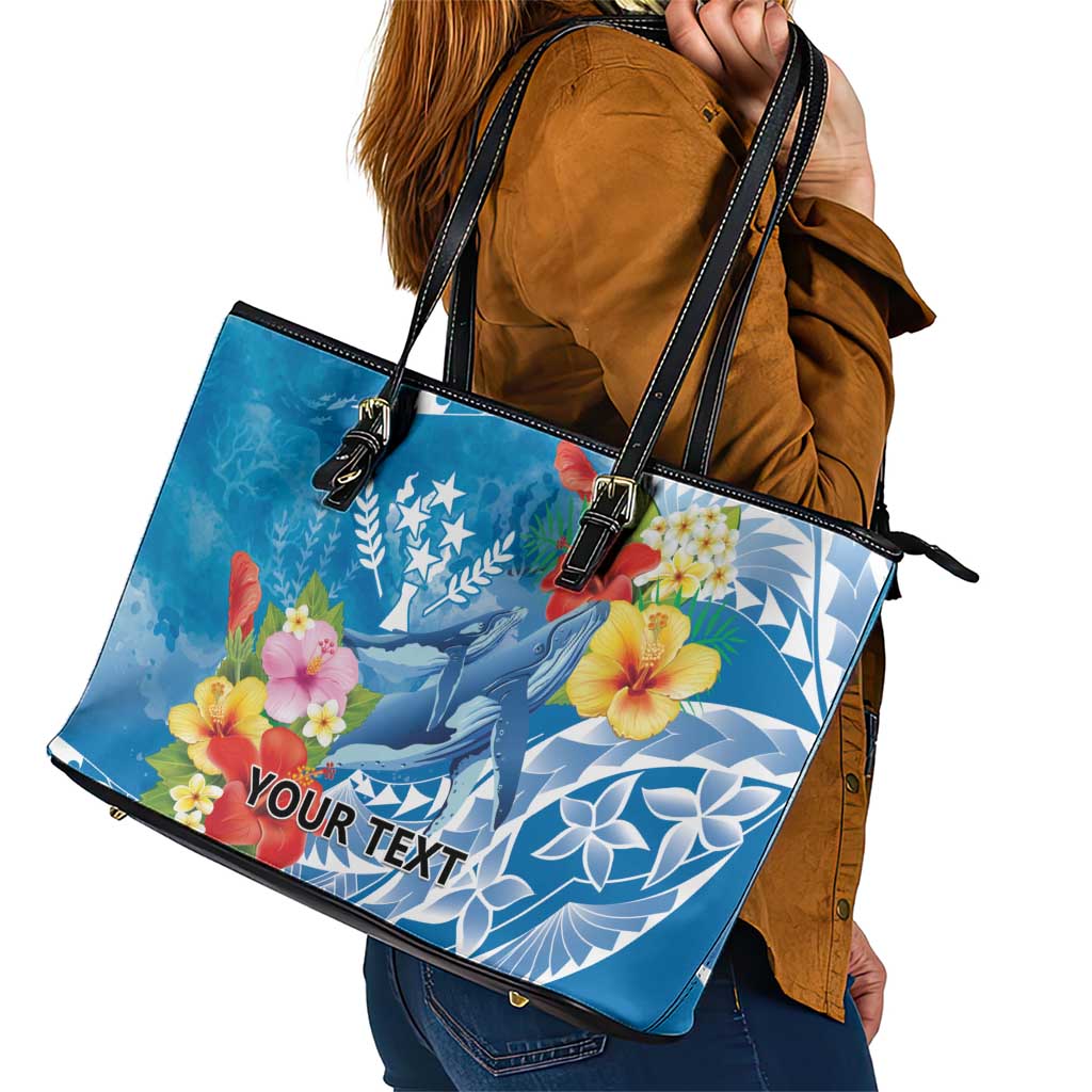 Personalised Kosrae States Humpback Whale Leather Tote Bag Polynesian Tropical Flowers LT9 - Polynesian Pride